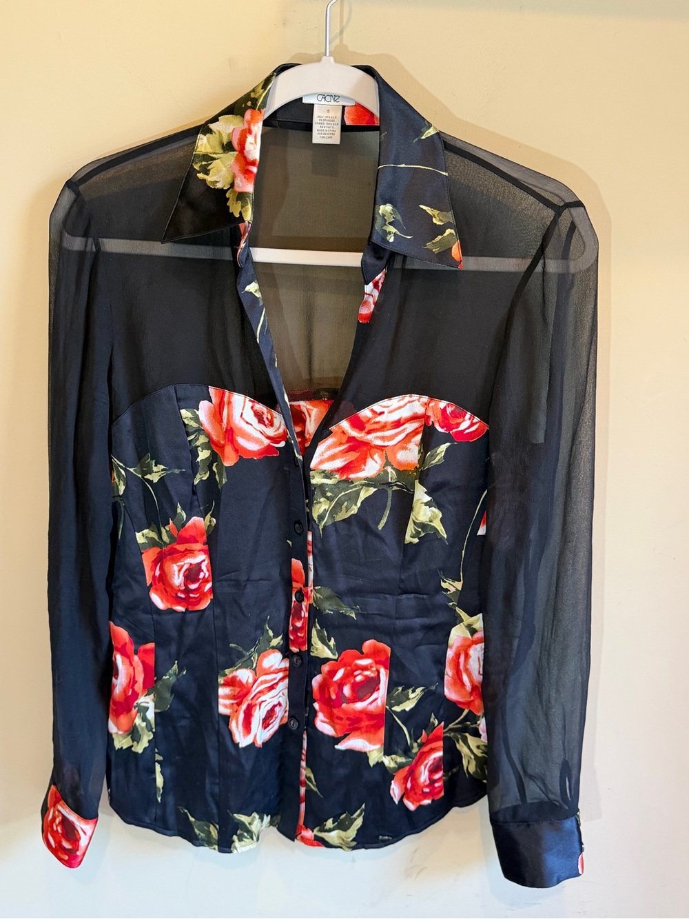 Cache Silk Black Sheer Sweetheart neckline Floral Button-Up Blouse - Picture 2 of 6